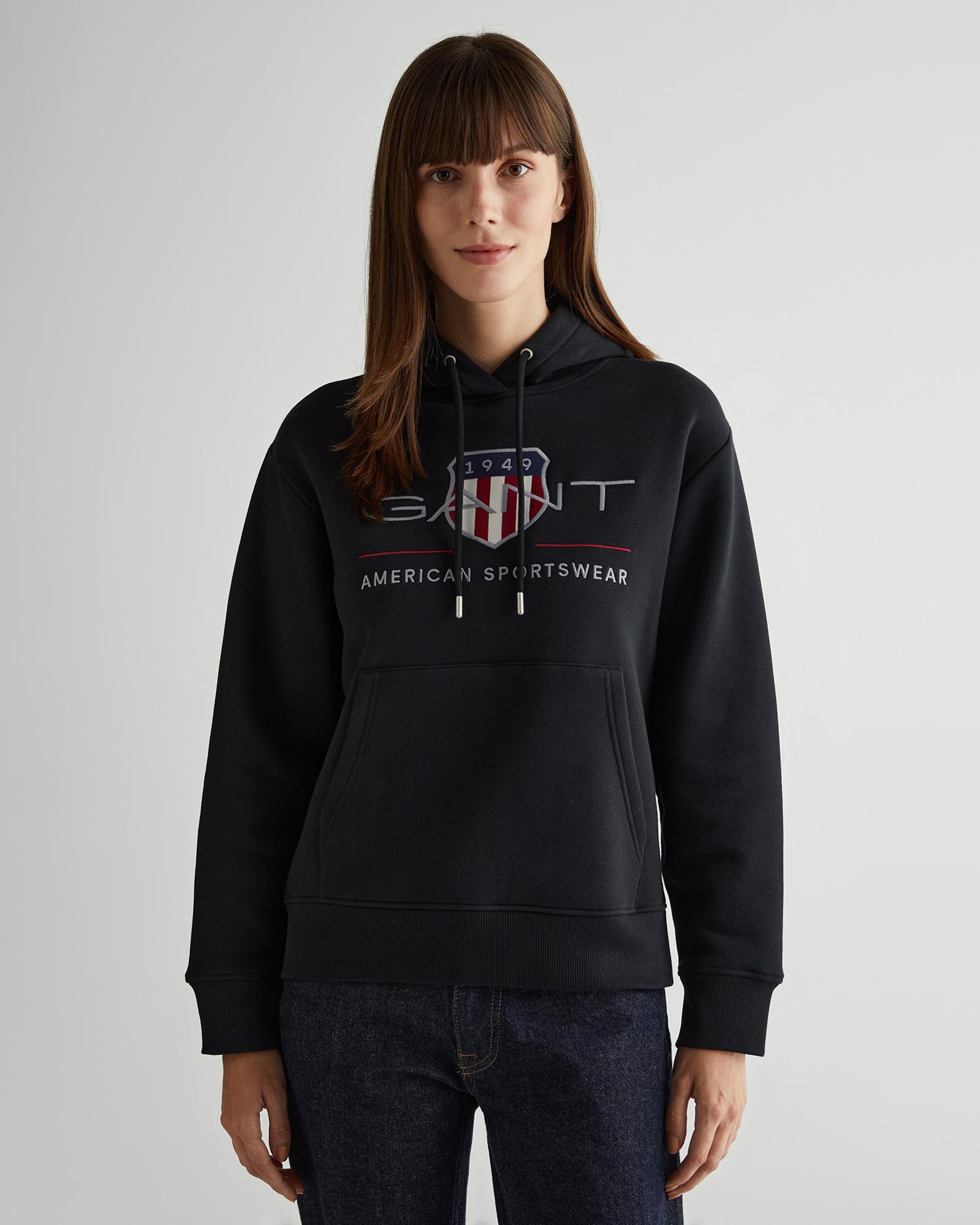 GANT Kadın Siyah Relaxed Fit Kapüşonlu Logolu Sweatshirt