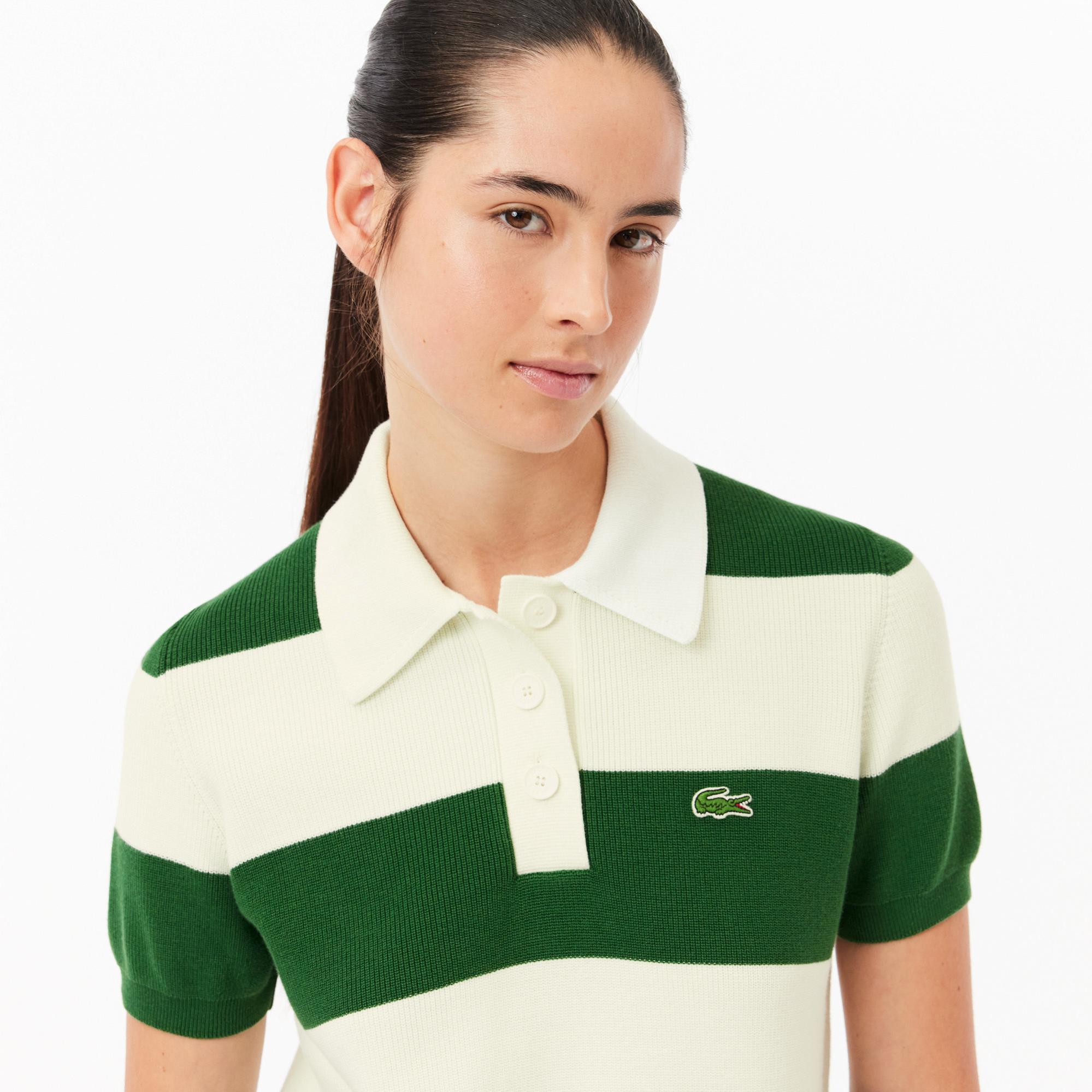 Kadın Slim Fit Polo Yaka Çizgili Beyaz Elbise