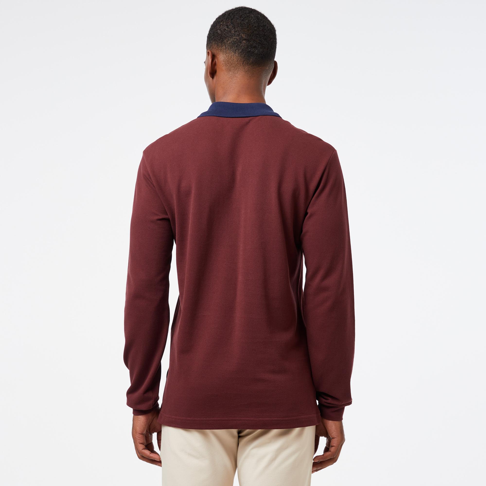 Erkek Classic Fit Uzun Kollu Renk Bloklu Bordo Polo