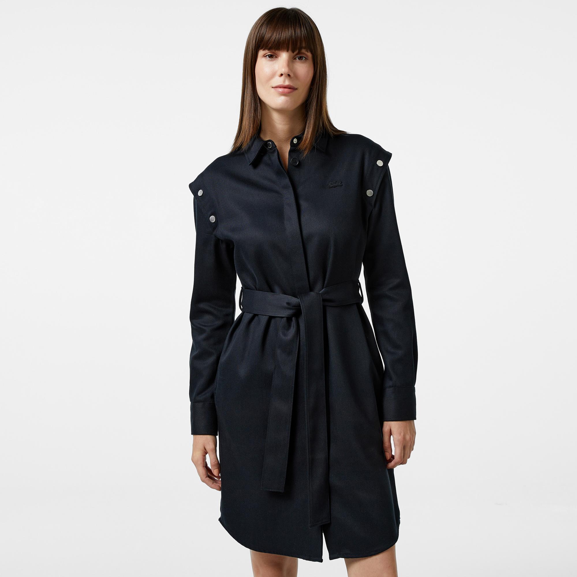 Kadın Relaxed Fit Uzun Kollu Gömlek Yaka Siyah Elbise