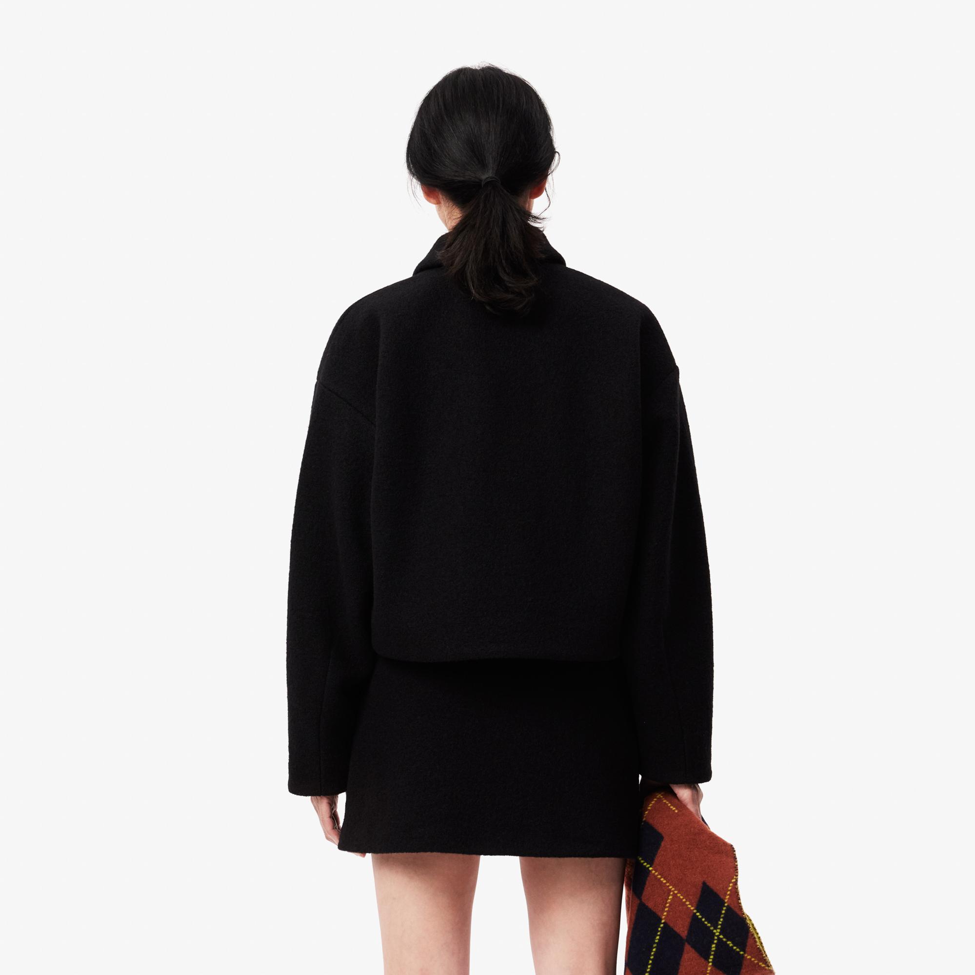 Kadın Oversize Fit Gömlek Yaka Yün Siyah Mont