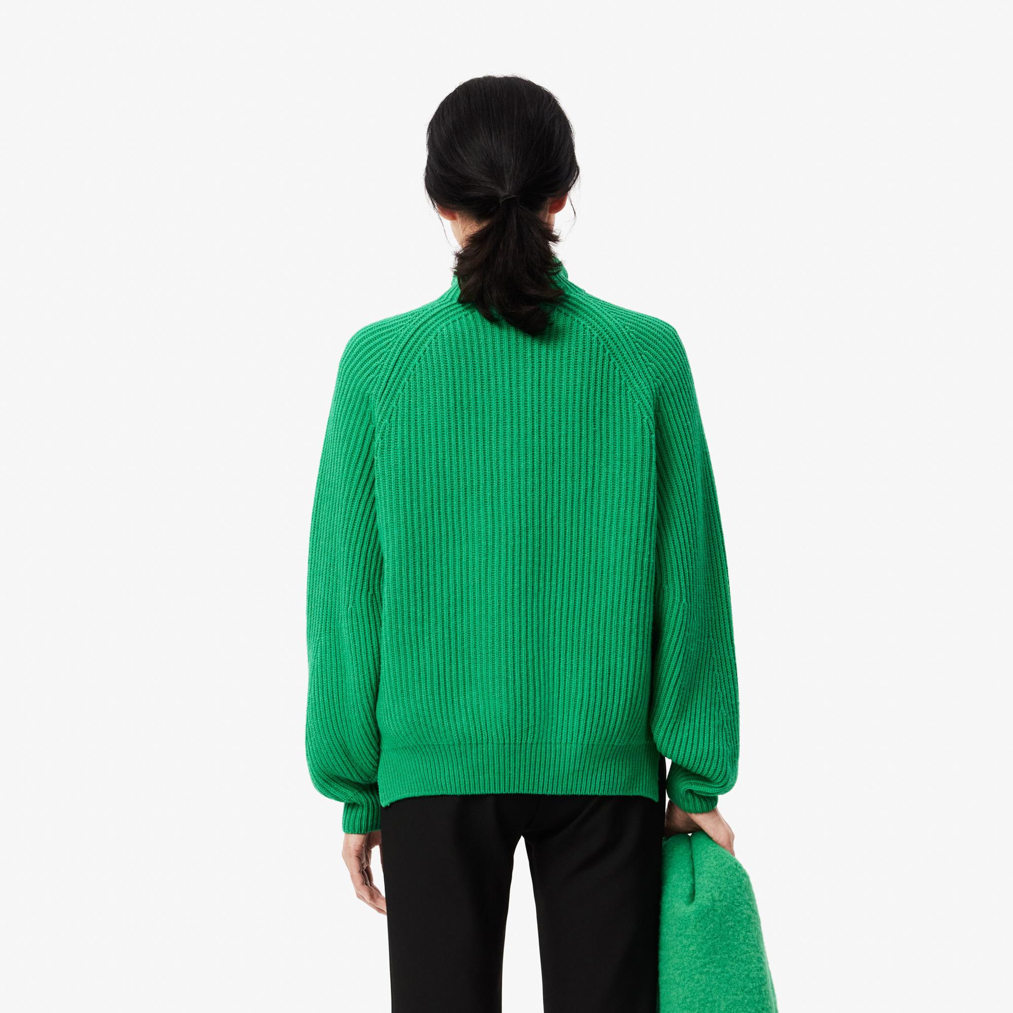 Kadın Relaxed Fit Fermuarlı Yün Yeşil Kazak