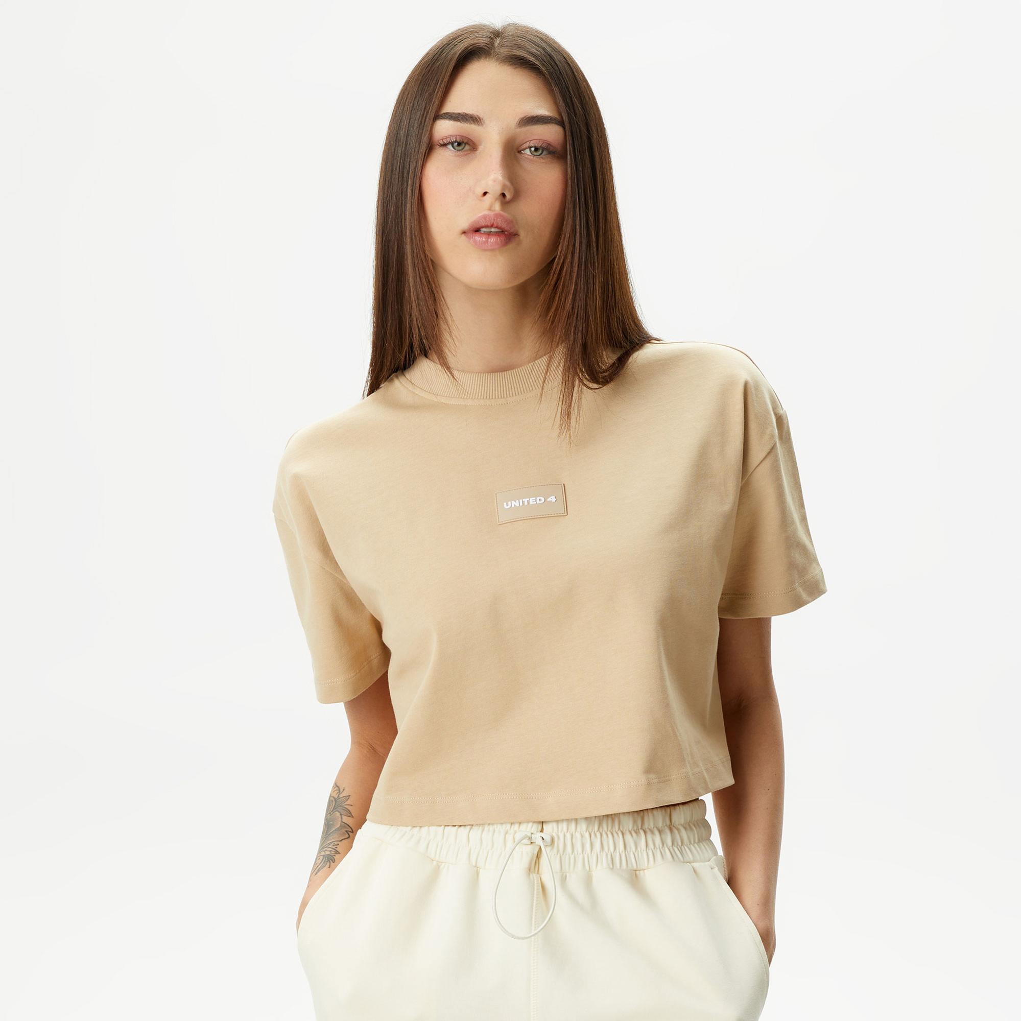 UNITED4 Kadın Krem Crop T-Shirt