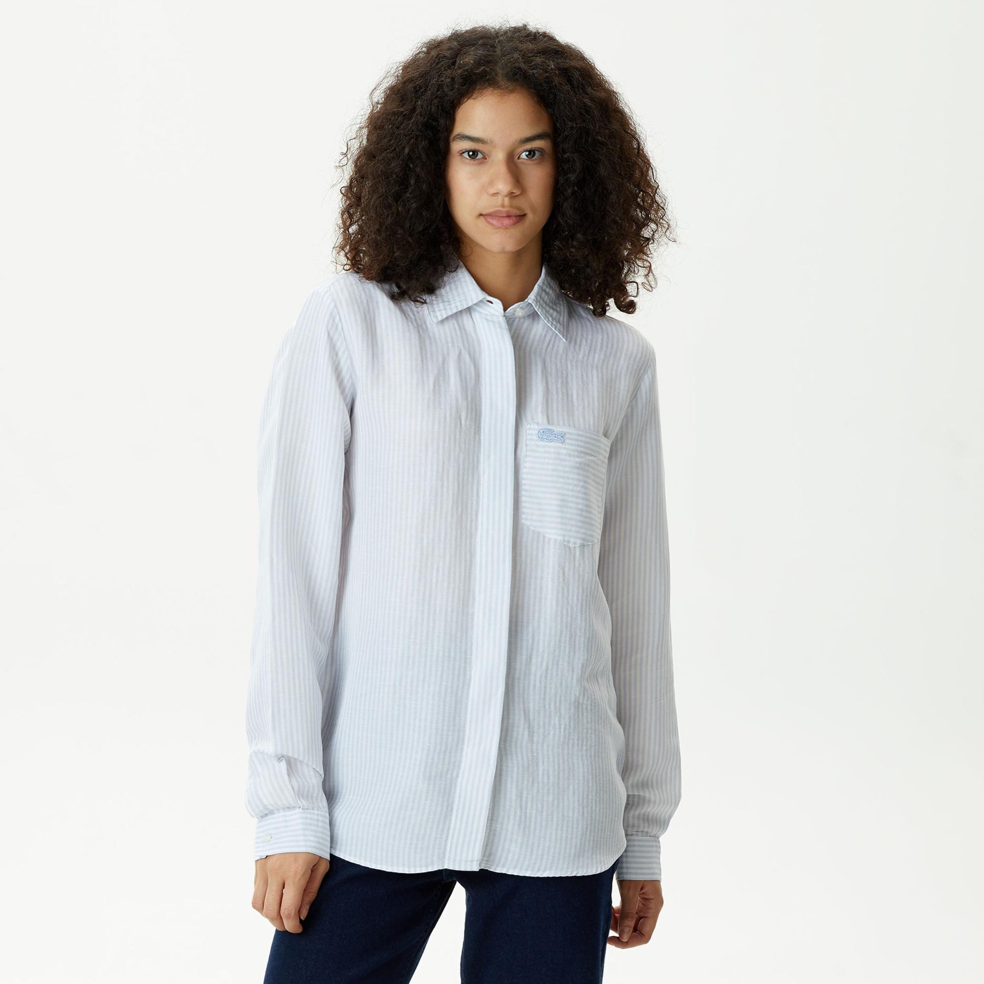 Kadın Relaxed Fit Çizgili Mavi Gömlek