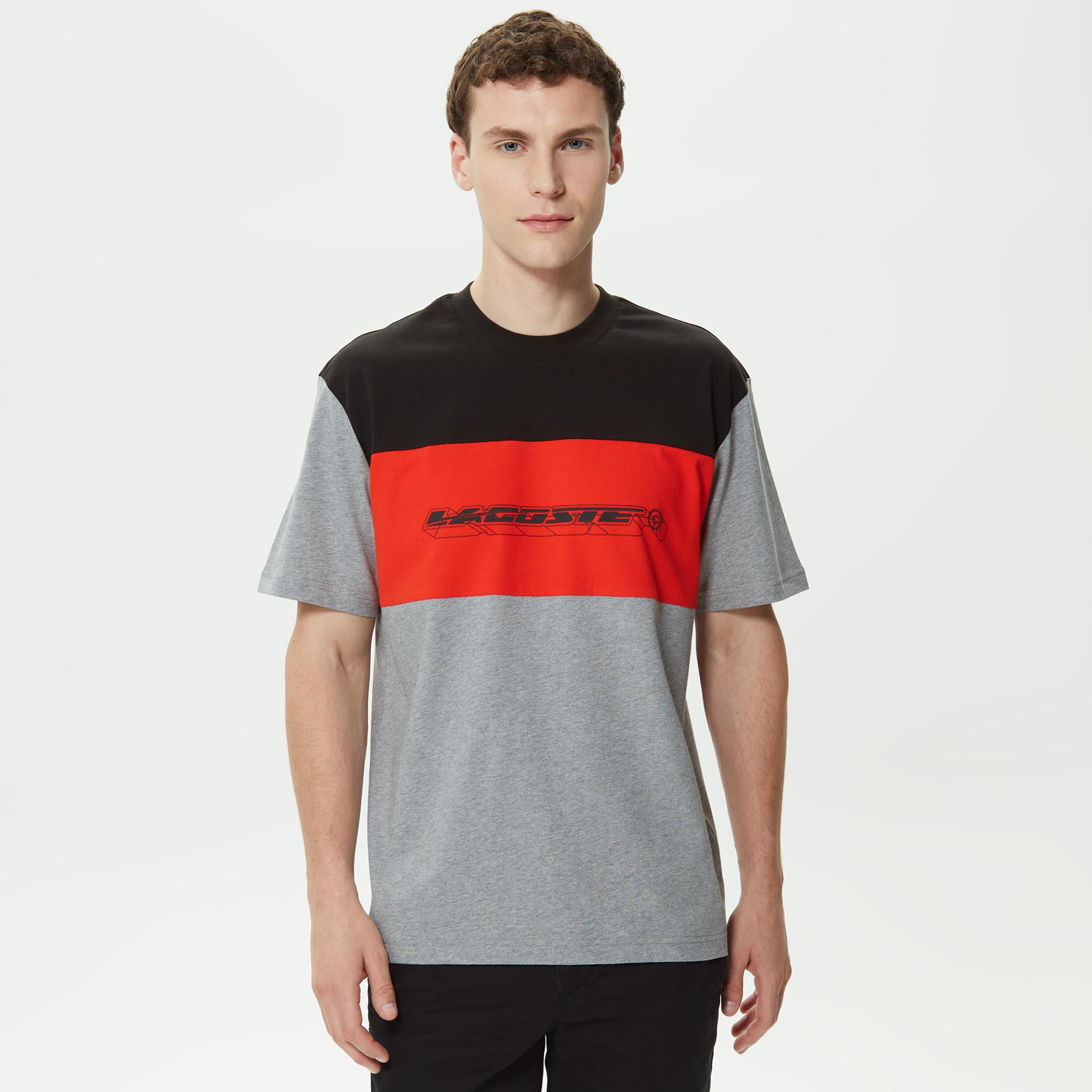 Erkek Relaxed Fit Bisiklet Yaka Renk Bloklu Gri T-Shirt