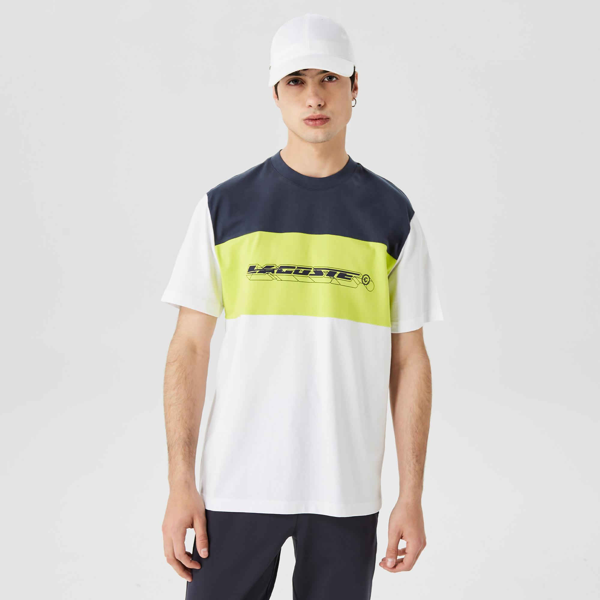 Erkek Relaxed Fit Bisiklet Yaka Renk Bloklu Beyaz T-Shirt