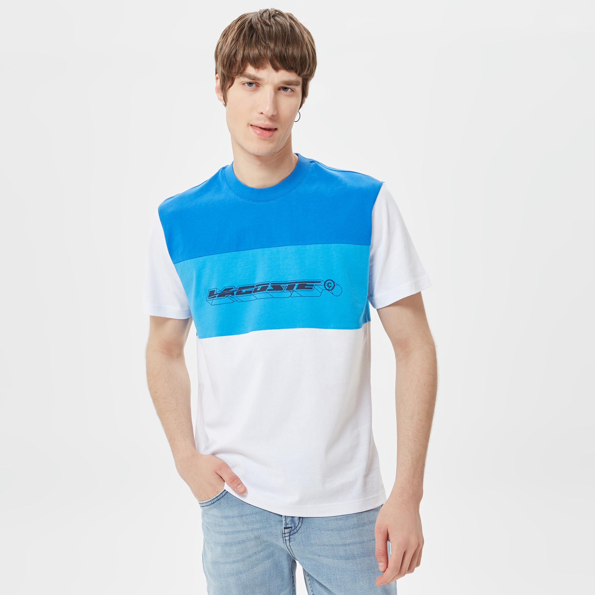 Erkek Relaxed Fit Bisiklet Yaka Renk Bloklu Mavi T-Shirt