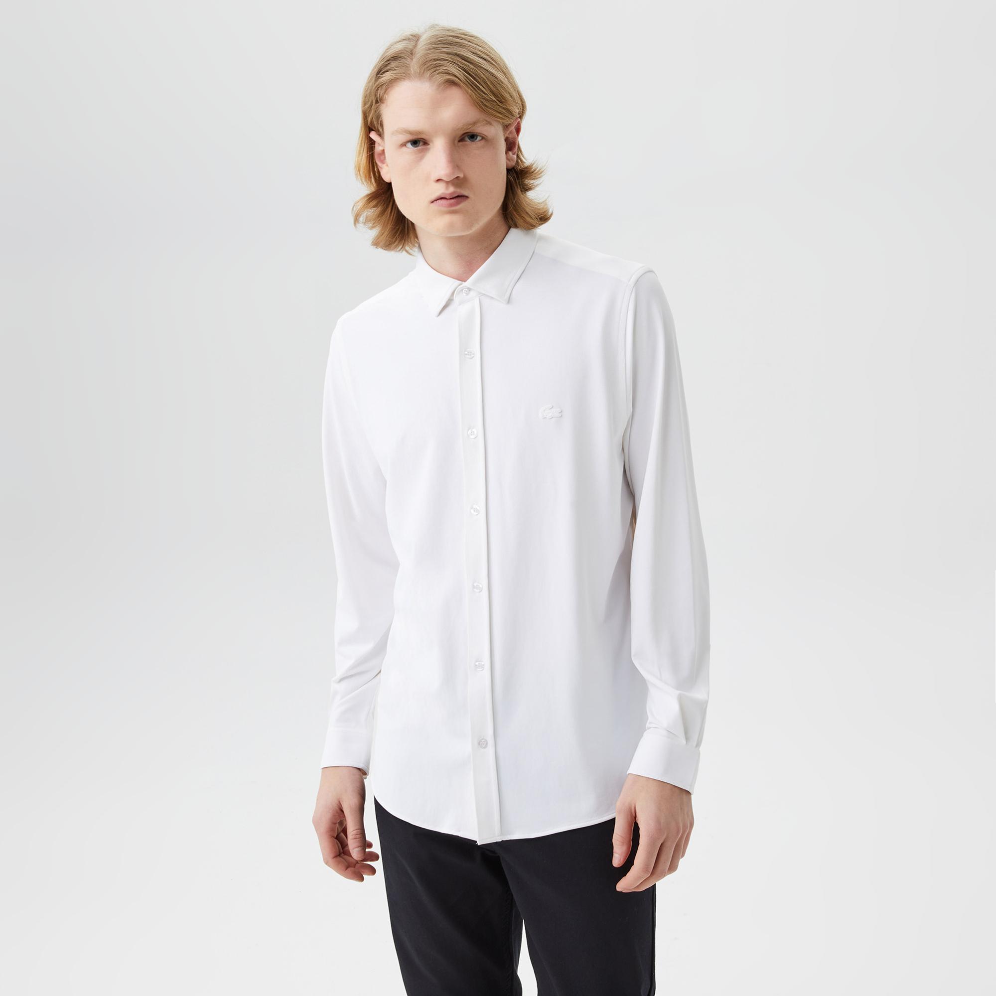 Erkek Slim Fit Düğmeli Yaka Beyaz Gömlek