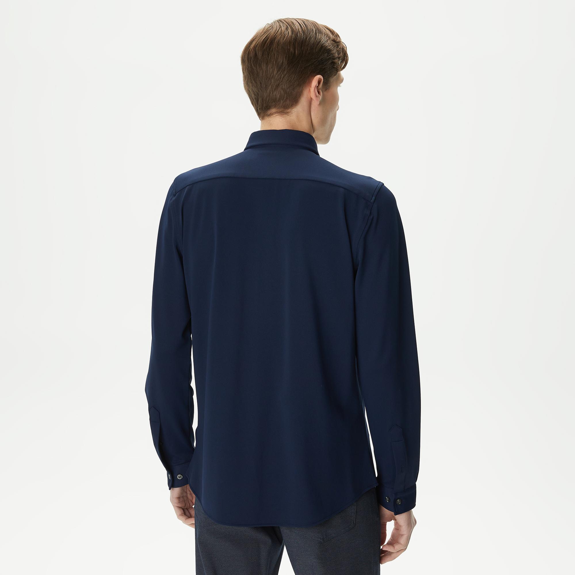 Erkek Slim Fit Düğmeli Yaka Lacivert Gömlek