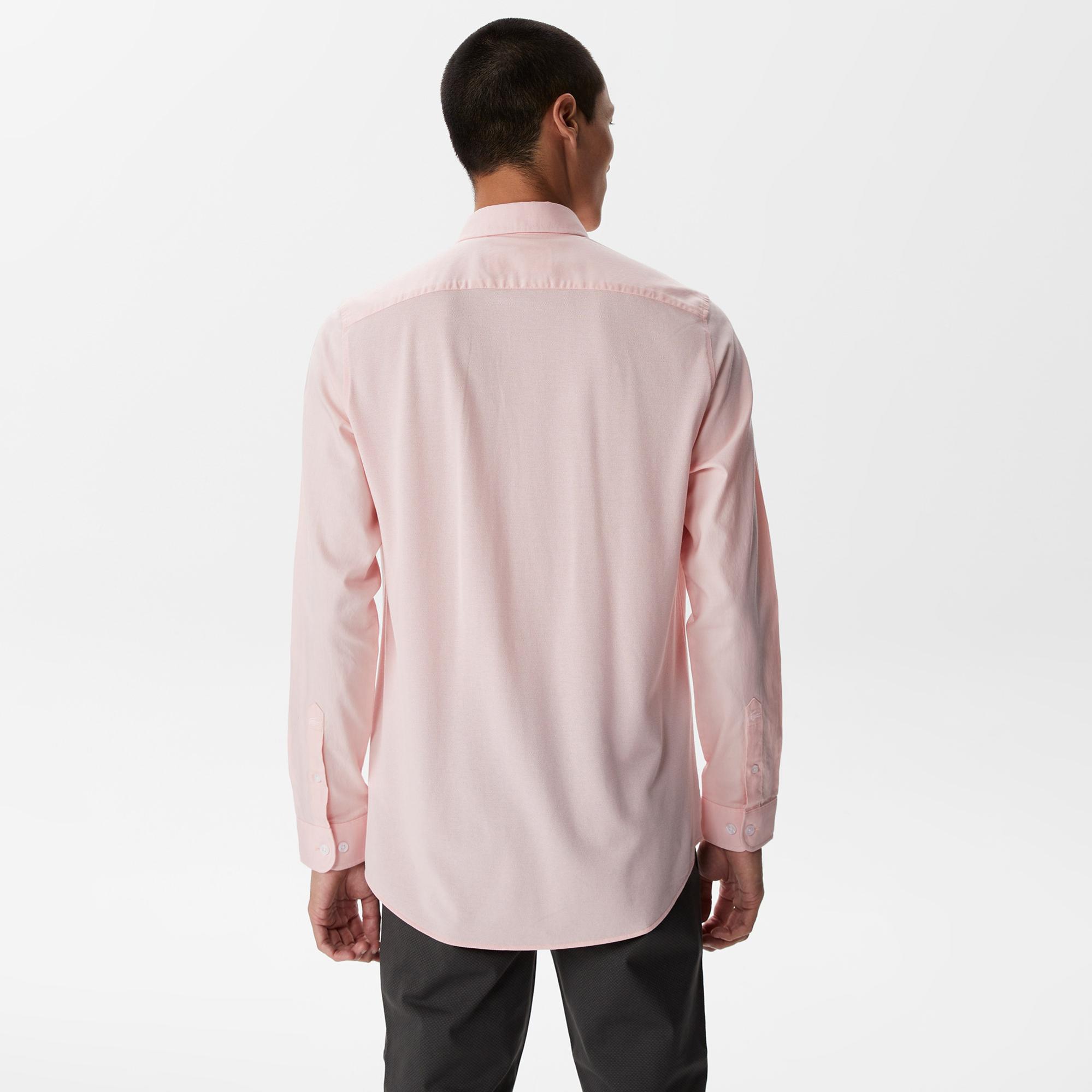 Erkek Slim Fit Düğmeli Yaka Pembe Gömlek