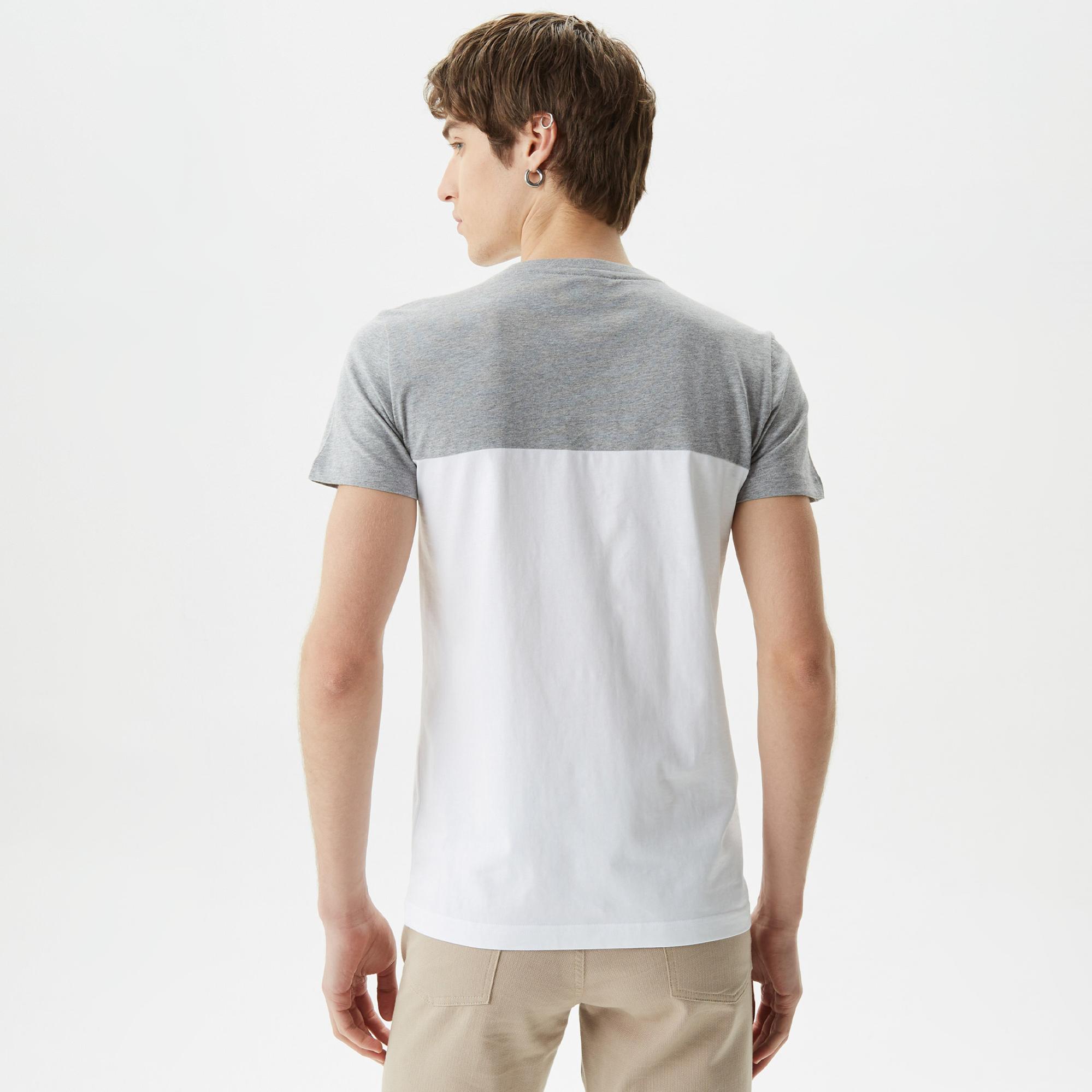 Erkek Slim Fit Bisiklet Yaka Renk Bloklu Gri T-Shirt