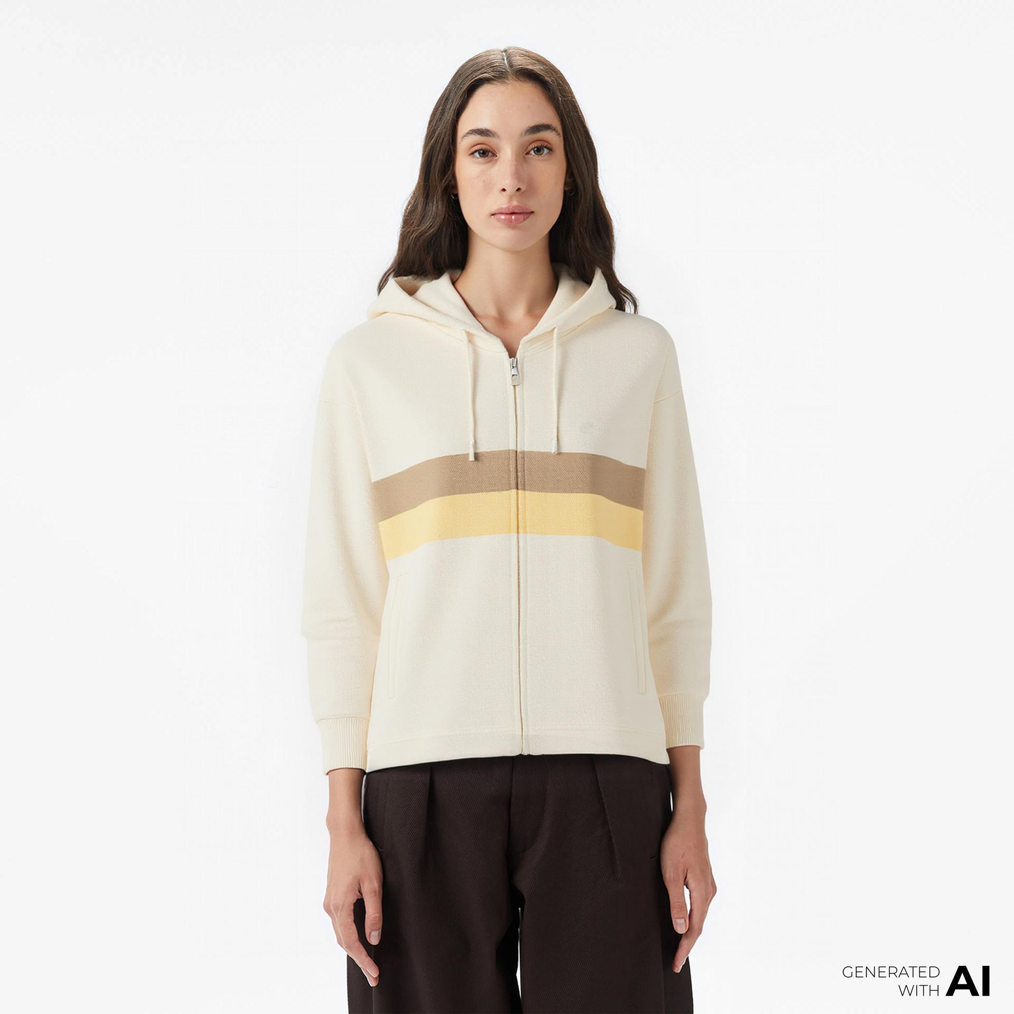 Lacoste Kadın Relaxed Fit Kapüşonlu Krem Sweatshirt