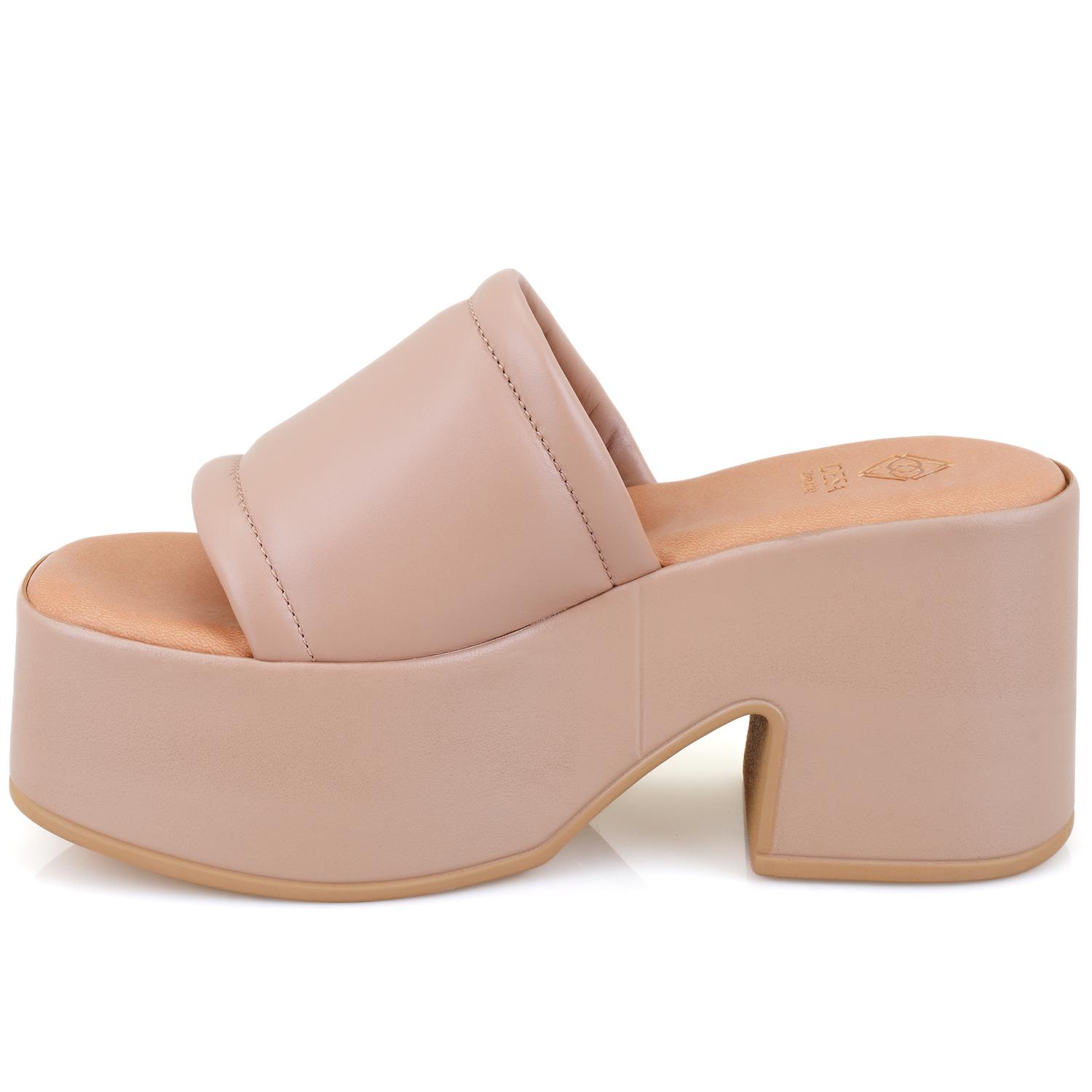 Kadın Pembe Kalın Topuklu Deri Terlik