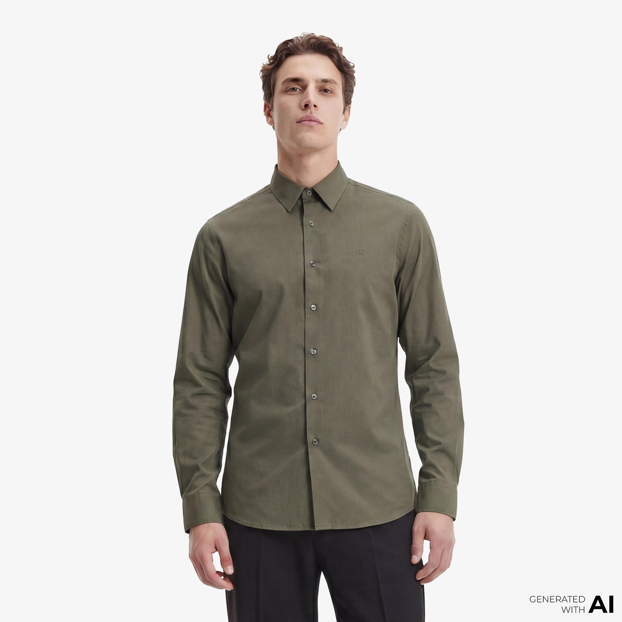 Calvin Klein Solid Stretch Classic Erkek Haki Gömlek