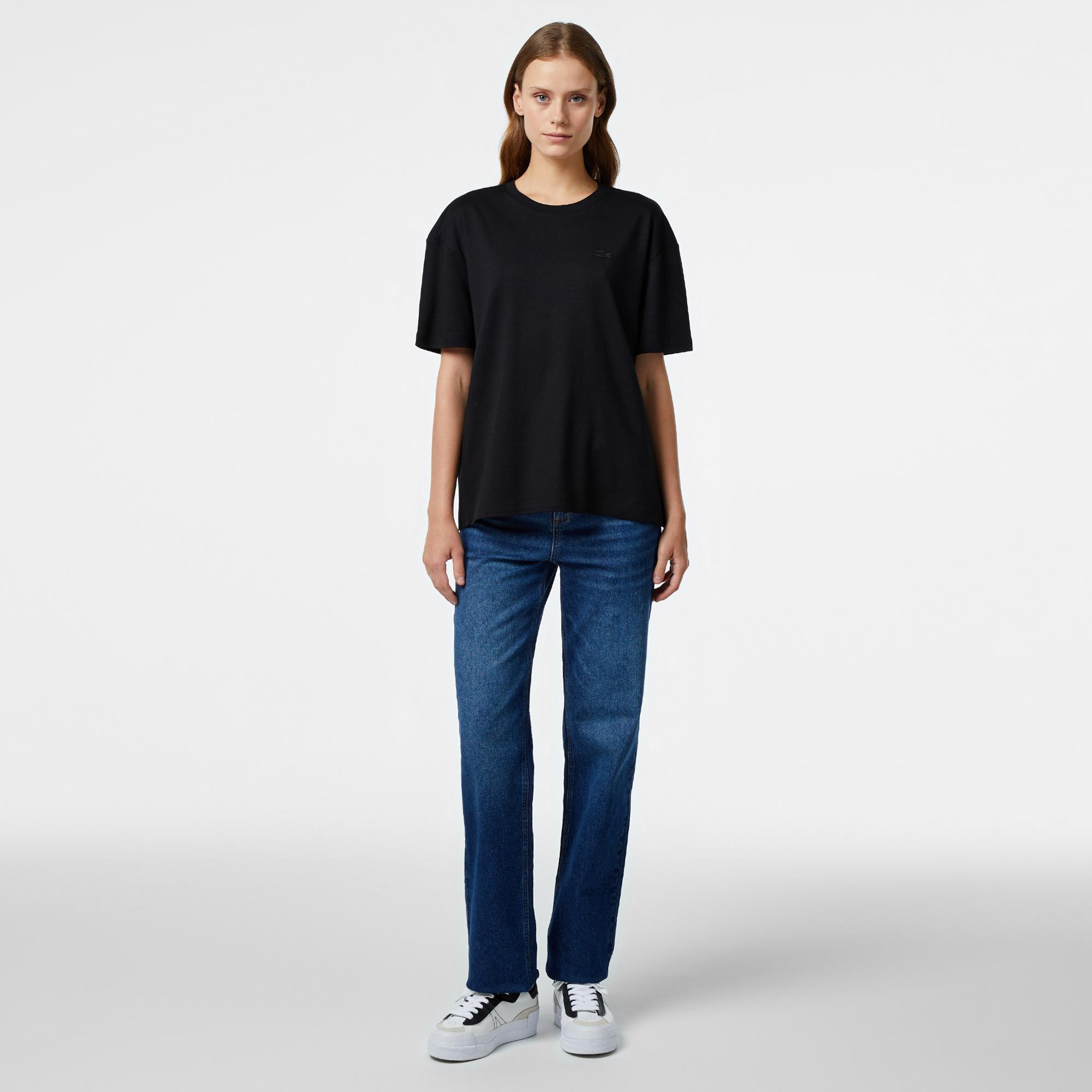 Lacoste Kadın Relaxed Fit Bisiklet Yaka Koyu Siyah T-Shirt