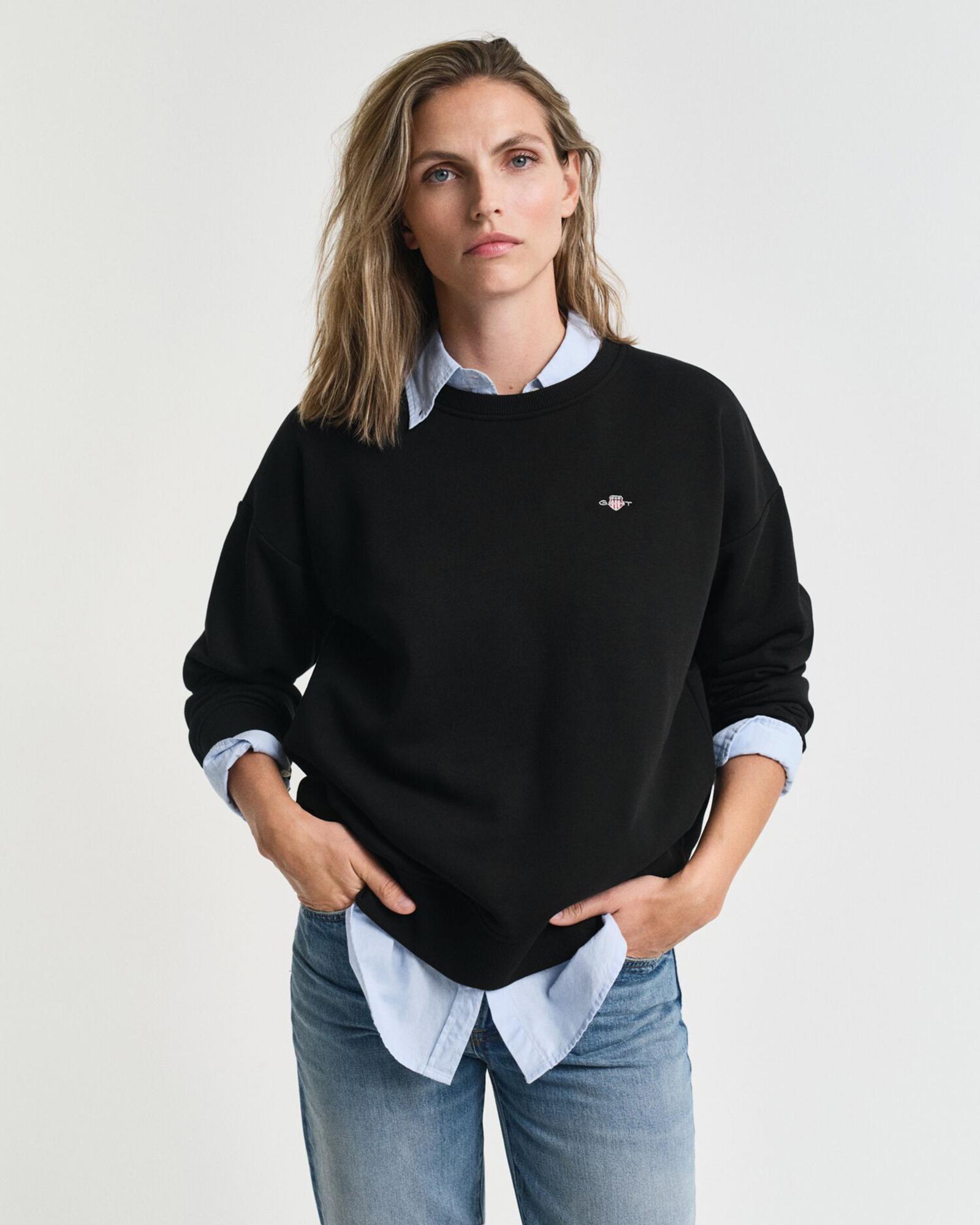 GANT Kadın Siyah Relaxed Fit Bisiklet Yaka Sweatshirt