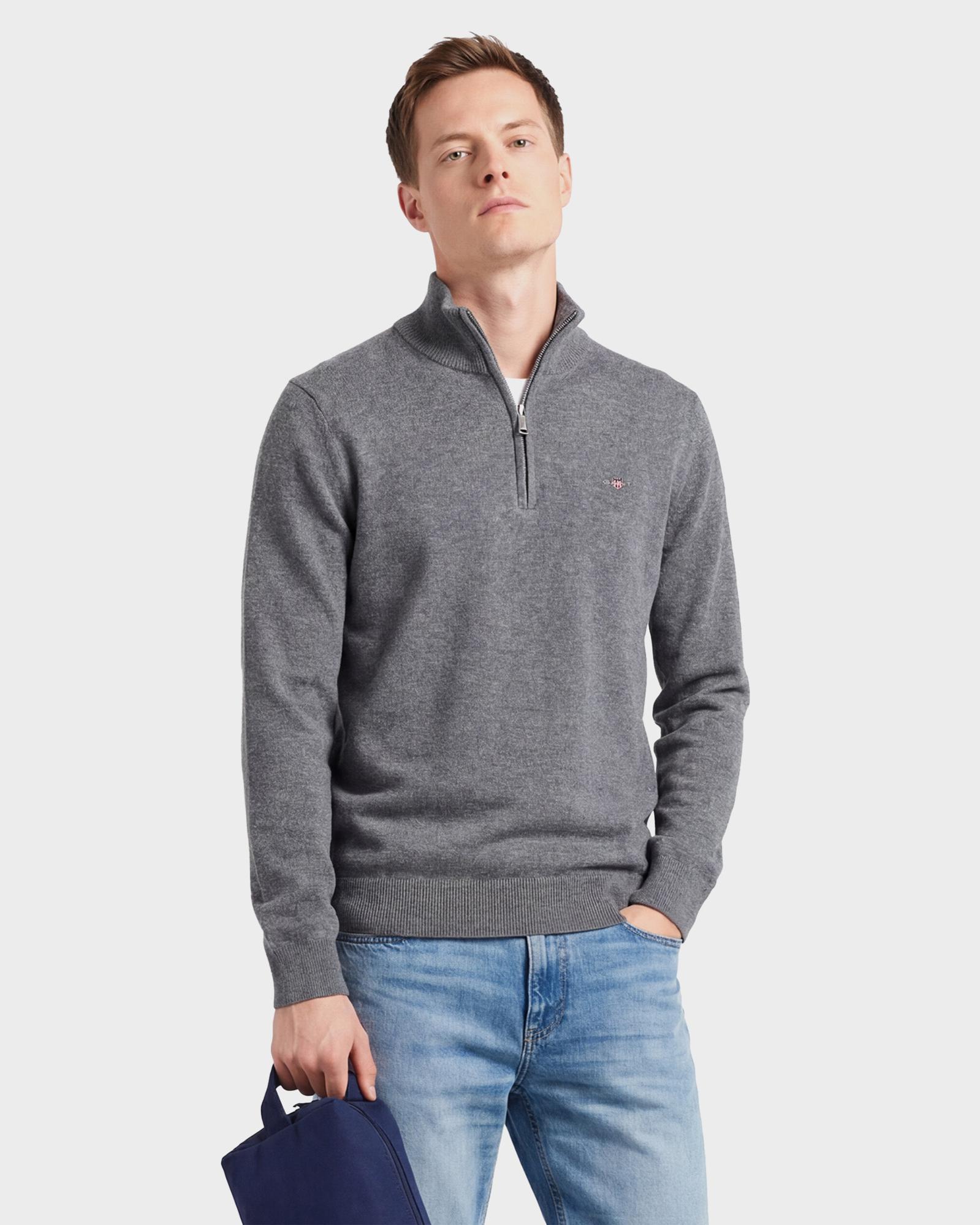 GANT Erkek Gri Regular Fit Yarım Fermuarlı Yün Kazak