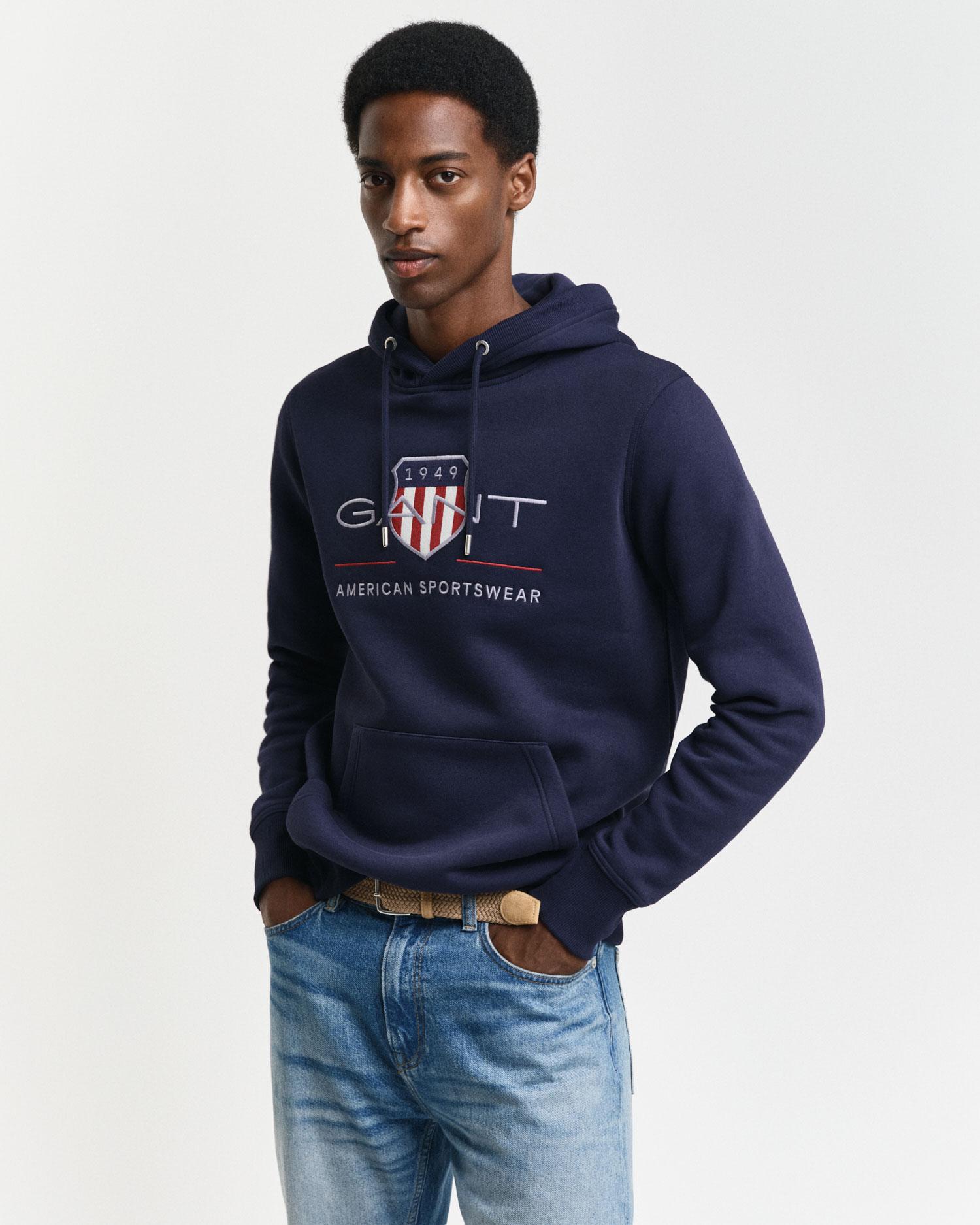 GANT Erkek Lacivert Regular Fit Kapüşonlu Logolu Sweatshirt