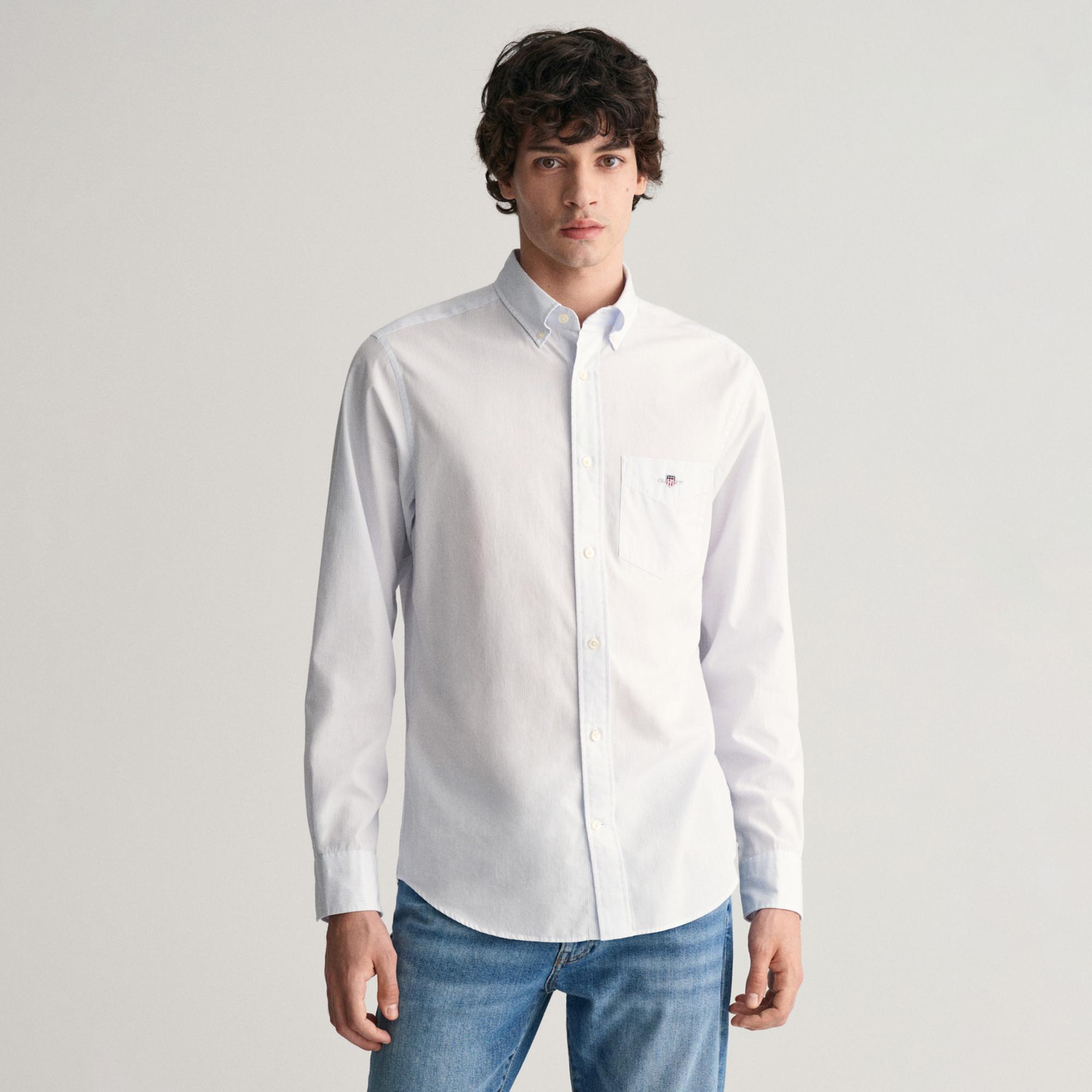 GANT Erkek Mavi Regular Fit Çizgili Düğmeli Yaka Gömlek