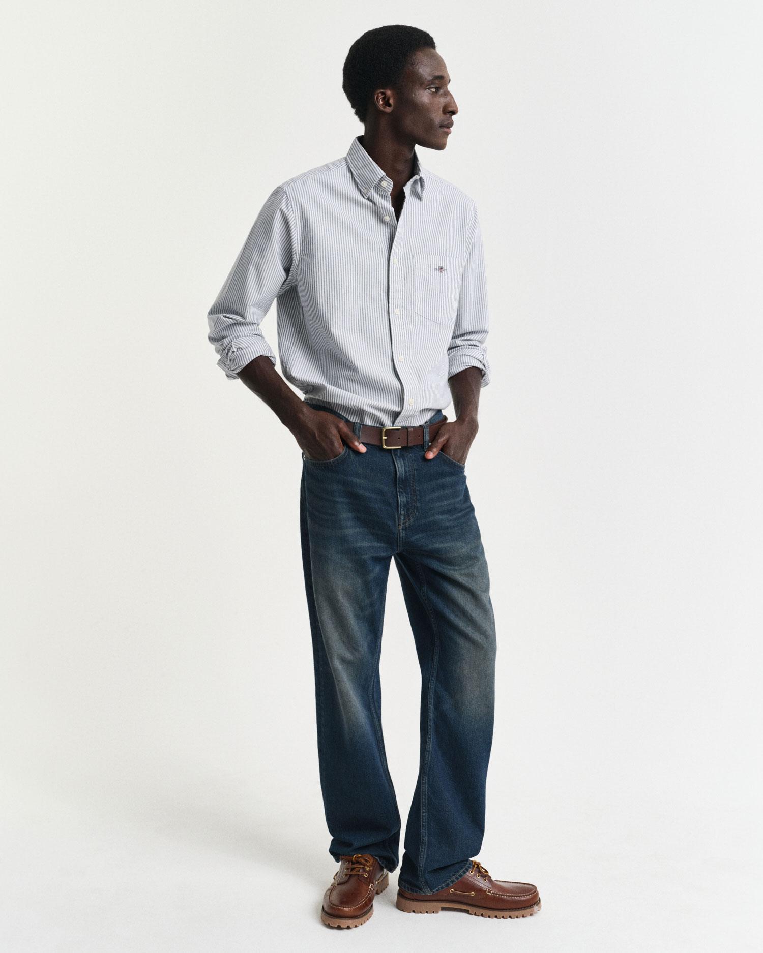 GANT Erkek Mavi Regular Fit Düğmeli Yaka Çizgili Oxford Gömlek