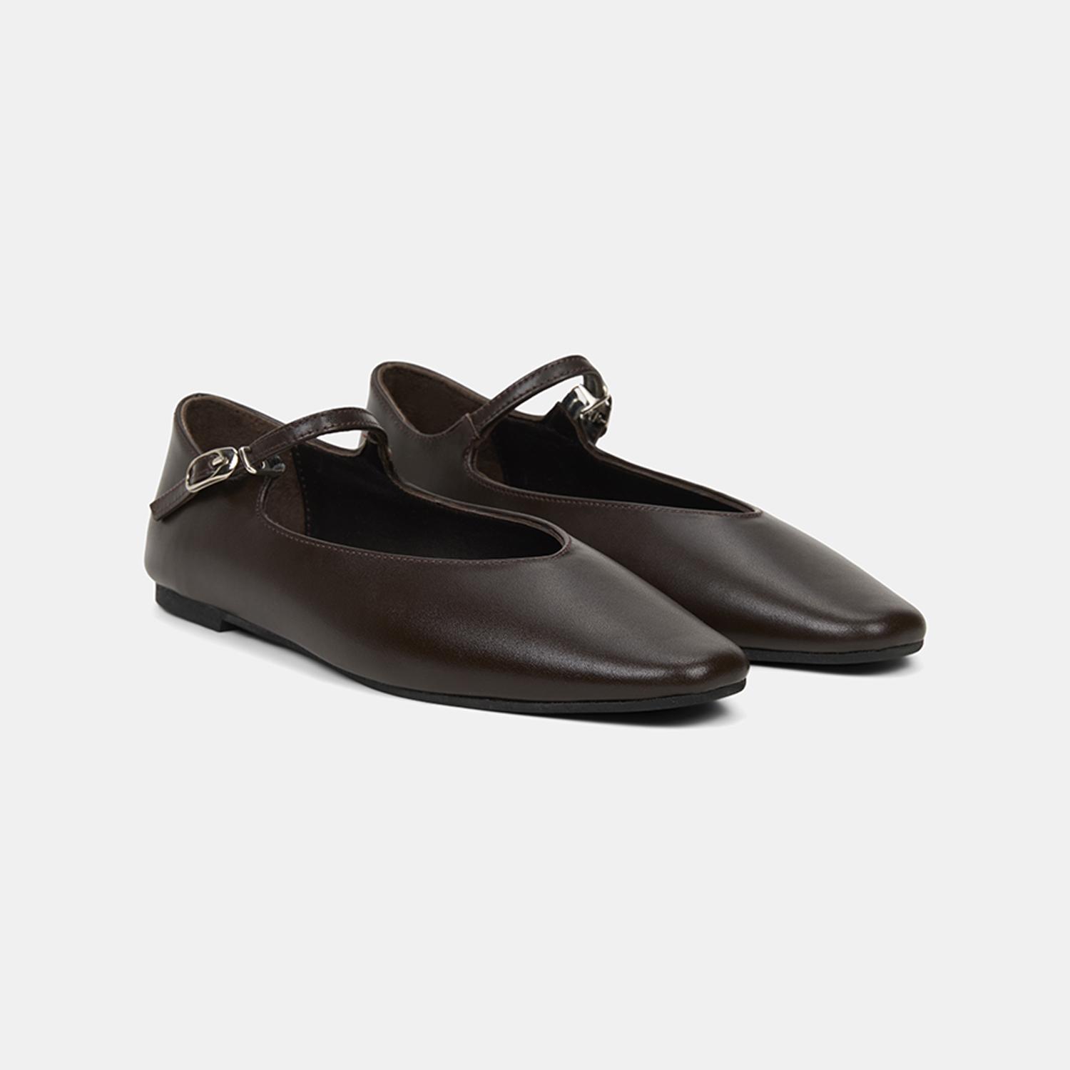 Kadın Acı Kahve Ayarlanabilir Metal Tokalı Mary Jane Deri Babet